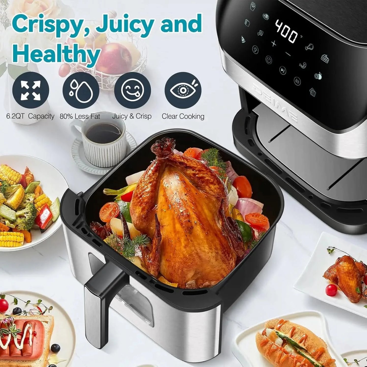 Air Fryer 6.2 QT Oilless 1500W Large Capacity Oven Air Fryers Healthy Cooker with 10 Preset, Visual Cooking Window, Non-Stick Ba - M & M Global