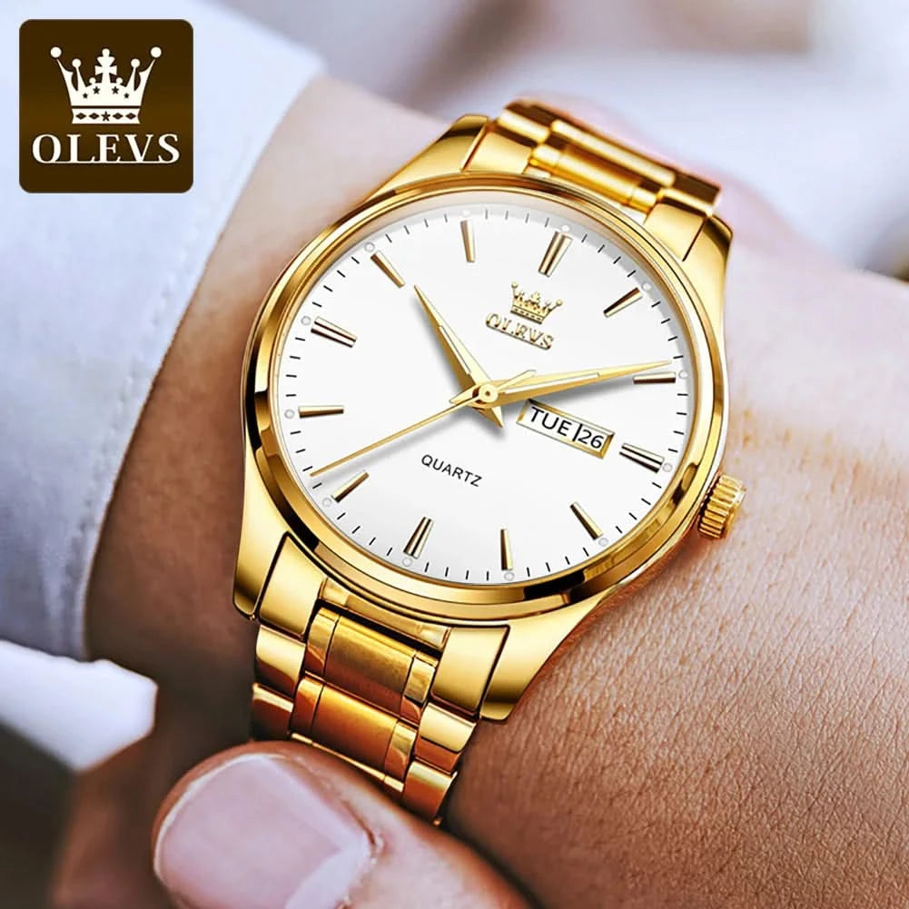 OLEVS Men Watches Waterproof Stainless Steel Quartz Male Wristwatch Gold Watch Fashion Luminous Luxury Calendar Business Clock - M & M Global