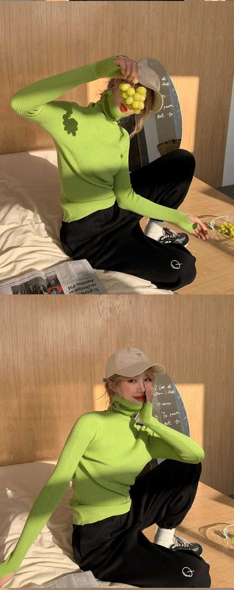 Knitted Sweater Women Korean Version Turtleneck Sweater Winter Solid Color Pullover Slimming Interior Lapping Warm Basic Tops