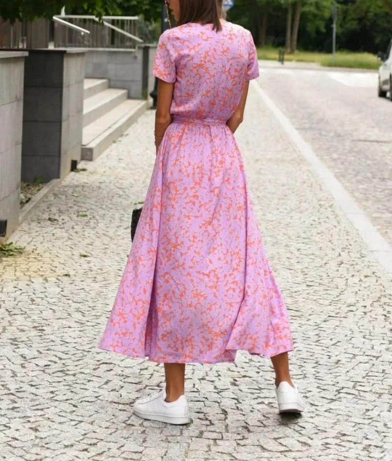 Women's Fashionable Casual Loose Dress Ladies Floral Tie V-neck Split Print Short Sleeved Long Dress - M & M Global