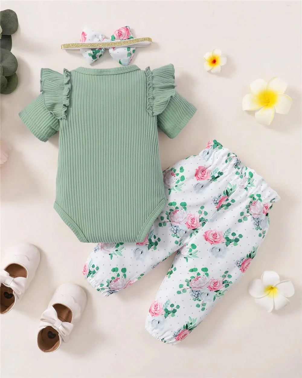 Newborn Baby Girl 3PCS Clothes Set Letters Short Sleeve Romper+Flowers Pant+Bowknot Headband Summer Lovely Outfit - M & M Global