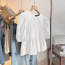 ZANZEA Women Summer Tops Short Sleeve Blouse 2025 Casual Solid Color Tunic Female Ruffled Round Neck Pleated Blusas Oversized