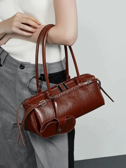 Genuine Leather Women's Baguette Bag Niche Retro Motorcycle Trend Cool belt Handbag New Luxury Design Shoulder Underarm Bag - M & M Global
