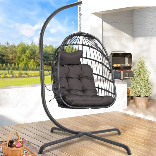 Outdoor Hanging Egg Chair with Stand, 350Lbs Sturdy Wicker Egg Swing Chair for Outside, Comfortable Rattan Patio