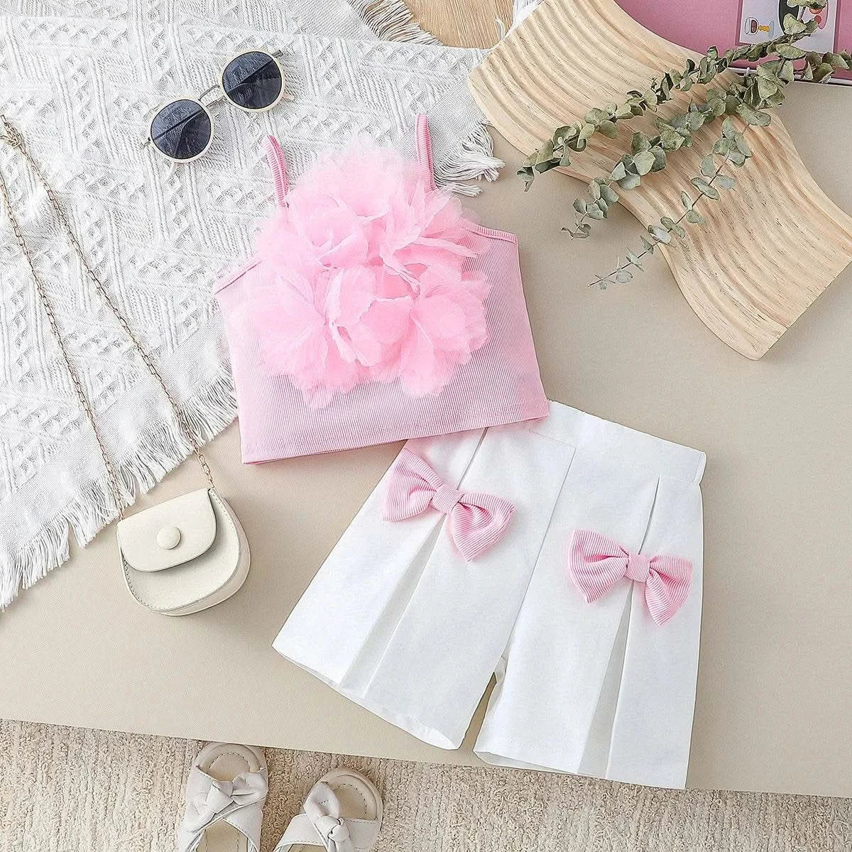 Children Clothing Summer Girl's Pink Outfit Sets Lace Mesh Flower Vest & shorts Pants Kids Clothes Girl's Elegant Sets For 1-6Y - M & M Global