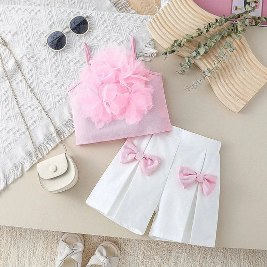 Children Clothing Summer Girl's Pink Outfit Sets Lace Mesh Flower Vest & shorts Pants Kids Clothes Girl's Elegant Sets For 1-6Y - M & M Global