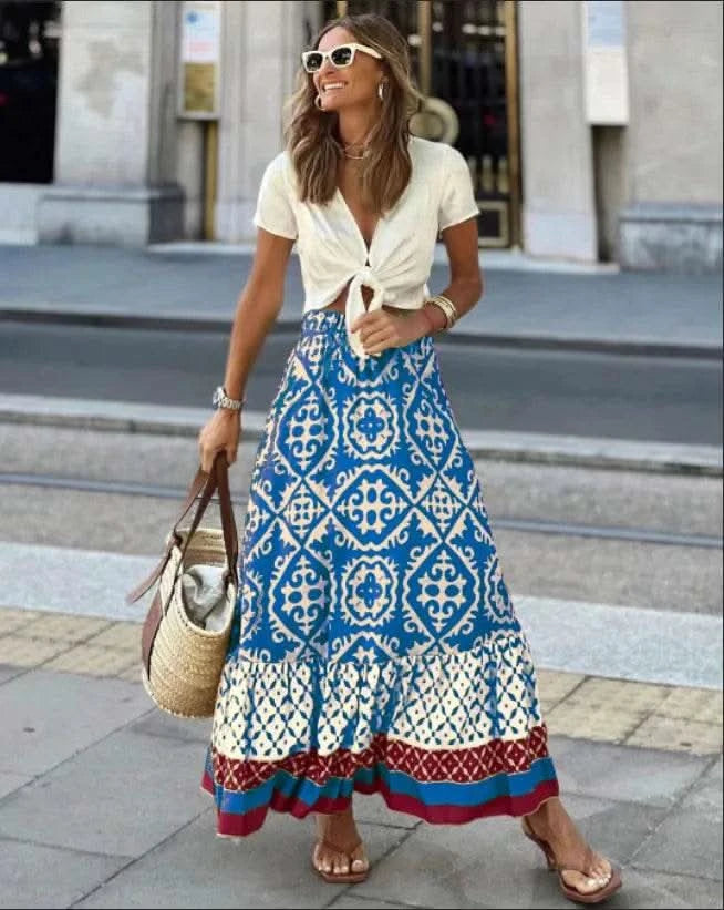 boho print maxi skirt women fashion high waist 3D printting long dress casual loose summer high waist skirts for women 2024 - M & M Global