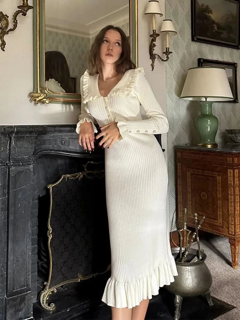 TARUXY High Waist Ruffled Maxi Dresses For Women Autumn Winter Knitted Slim Long Dress Women's Vintage Dress Woman Retro Elegant - M & M Global