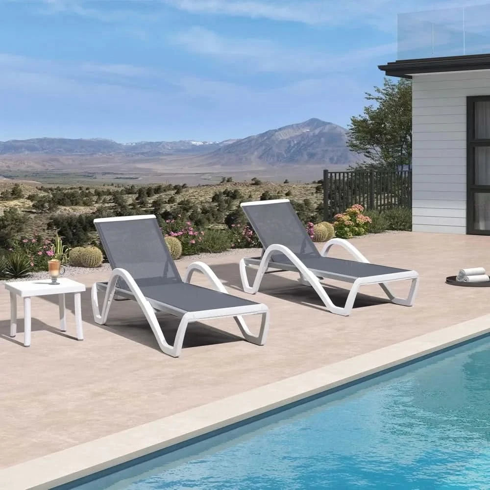 Patio Chaise Lounge Chair Set of 3 Outside Aluminum Plastic Stackable Tanning Chairs with Armrests and Side Table for Pool Sunb