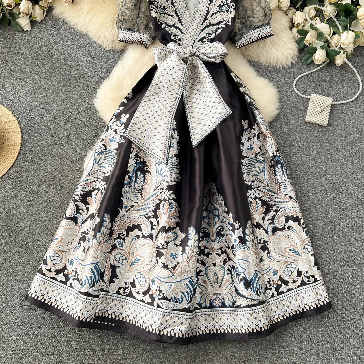 Summer Bohemian Paisley Print Long Dress Women V-Neck Short Puff Sleeve Vintage Print Bandage Lace Up Robe Vestidos Clothes 6237 - M & M Global