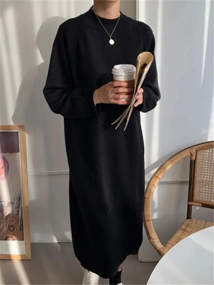 REALEFT Autumn Winter 2023 New O-Neck Casual Loose Knitted Dress Female Straight Long Sleeve Oversize Sweater Womens Long Dress - M & M Global