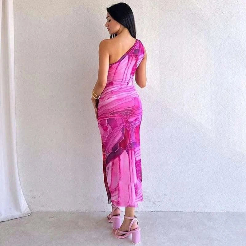CUTENOVA Sexy Slash Collar Gradient Print Long Dress Summer Chic One-Shoulder Backless Party Dresses Sleeveless Hollow Slim Fit - M & M Global