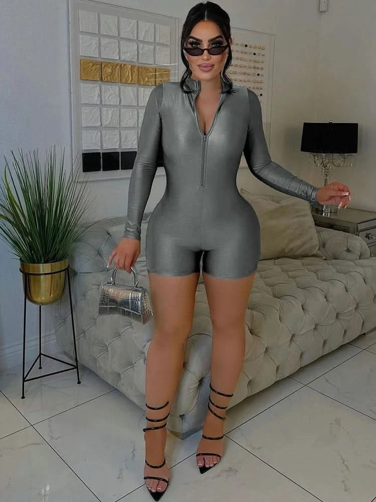 Hugcitar Solid Turtleneck Long Sleeve Zip Up Sexy Slim Skinny One Piece Playsuit 2024 Fall Women Fashion Streetwear Party Romper - M & M Global
