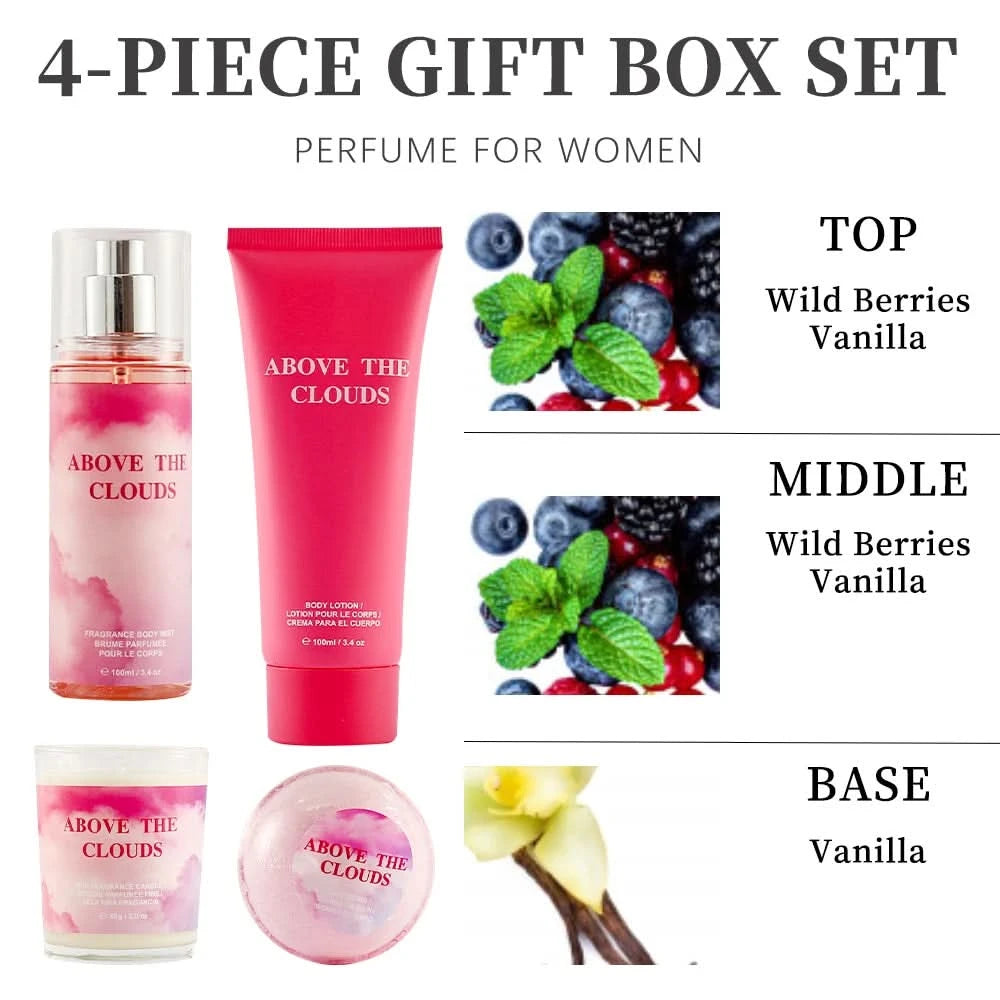 Women's Fragrance Sets 3.4fl.oz Body Mist, 3.4fl.oz Body Lotion, 3oz Candle and 2oz Bath Bomb 4 Pcs ABOVE THE CLOUDS Gift - M & M Global