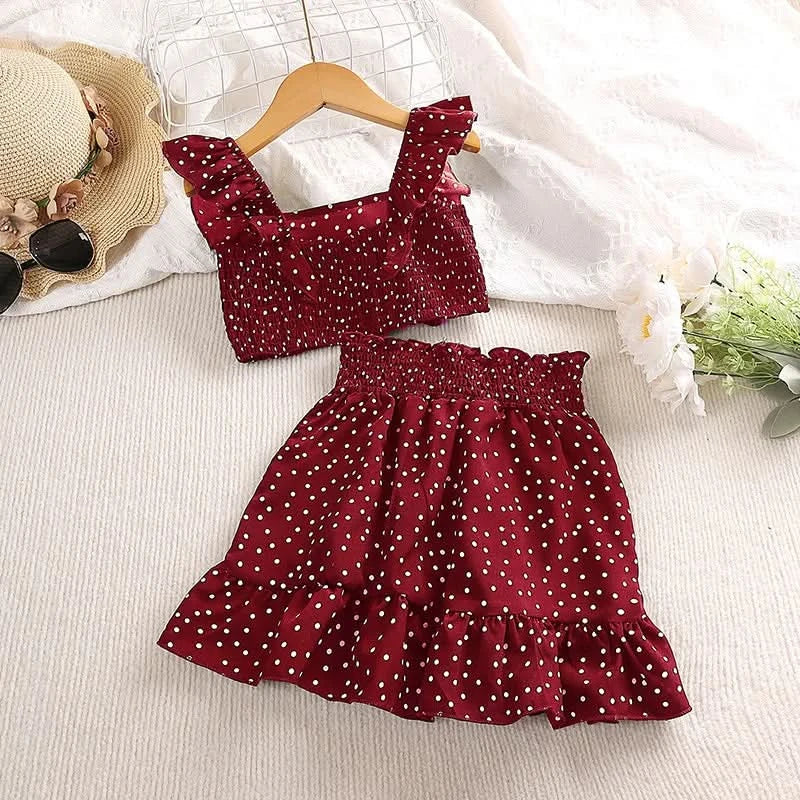 Girls' Clothing Set 5-12T Tri-Color Optional Flying Sleeve Square Collar Vest Top + Lace Skirts  Children Girls Baby Clothes Set - M & M Global