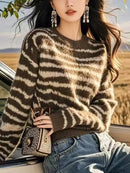 Autumn and Winter Pullover Round Neck Long-sleeved Striped Sweater for Women Retro Versatile Fashionable Casual Top