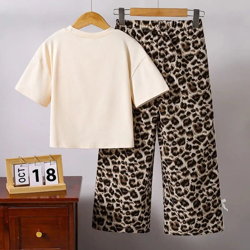 Children Clothing Sets Beige Bow Printed T-shirt & Striped Leopard Pants Trendy Girls Outfit Summer Clothing Sets 8-12 Kids Suit - M & M Global