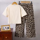 Children Clothing Sets Beige Bow Printed T-shirt & Striped Leopard Pants Trendy Girls Outfit Summer Clothing Sets 8-12 Kids Suit - M & M Global