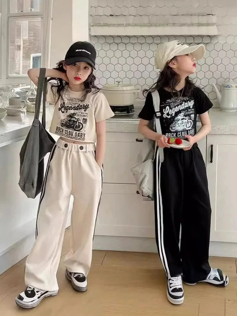 Girls' summer casual suit, new children's fashionable T-shirt, casual pants, summer dress, foreign short-sleeved two-piece set, - M & M Global