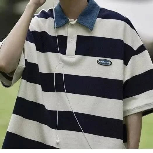 Japanese Retro Striped Color Blocked Short Sleeved Polo Shirt For Men's Y2k Summer Trend Loose And Versatile Polo Shirt Fashion - M & M Global