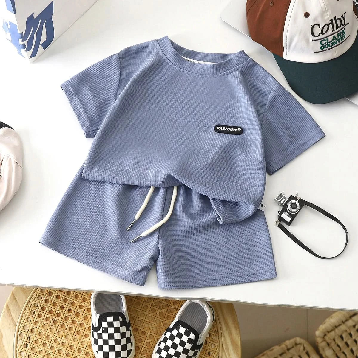 New Summer Children's Casual Set for Boys Girls Loose Short Sleeved Waffle Breathable and Comfortable Set - M & M Global