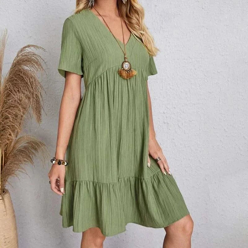 2025 Loose V-neck Short Sleeved Pleated Women Dress Solid Color A-line Beach Dresses Elegant Simple Comfortable Woman Clothing - M & M Global