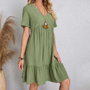2025 Loose V-neck Short Sleeved Pleated Women Dress Solid Color A-line Beach Dresses Elegant Simple Comfortable Woman Clothing - M & M Global
