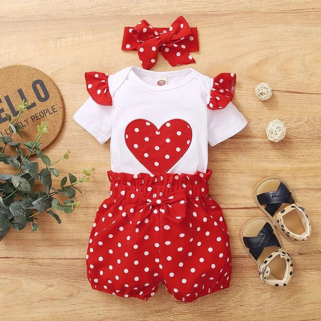 Baby Girl 0-18 Months 3PCS Clothing Set Love Short Sleeve Romper+Polka Dot Shorts+Headband Summer Daily Casual Newborn Baby Girl - M & M Global
