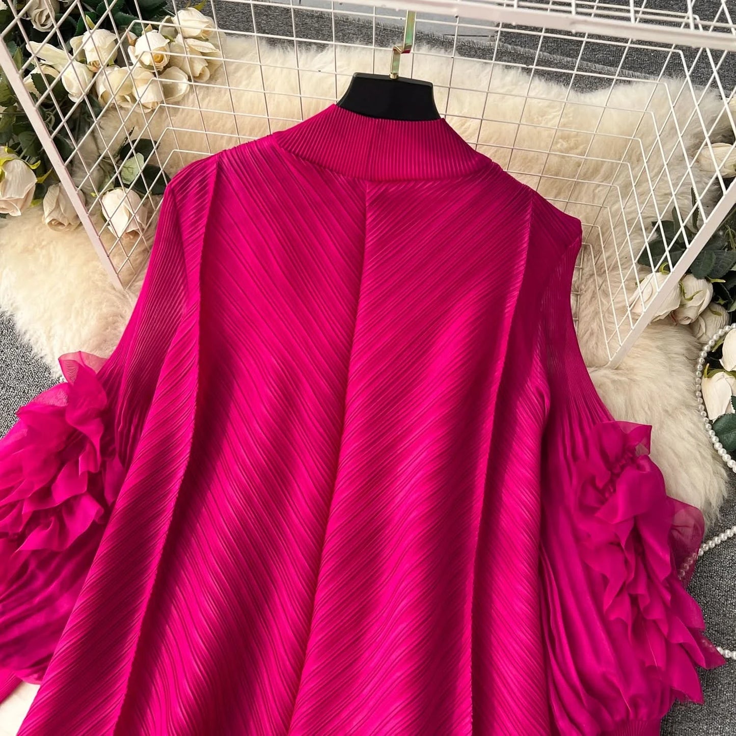 Sweet Pleated Vintage Three-dimensional Flower Loose Long Dress Chic Evening Korean Fashion Fashion Women Summer Dresses - M & M Global