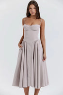 Summer Women Elegant Sleeveless Backless Pleated Dresses Lady Sexy Solid Sling Midi Dress 2024 Female Party Evening A-line Robes - M & M Global
