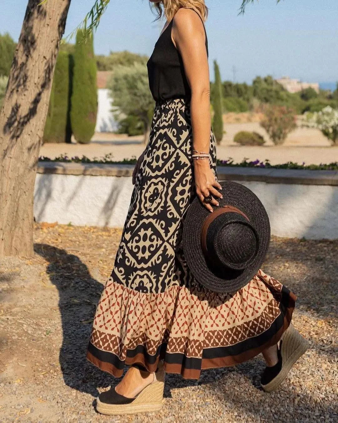 boho print maxi skirt women fashion high waist 3D printting long dress casual loose summer high waist skirts for women 2024 - M & M Global