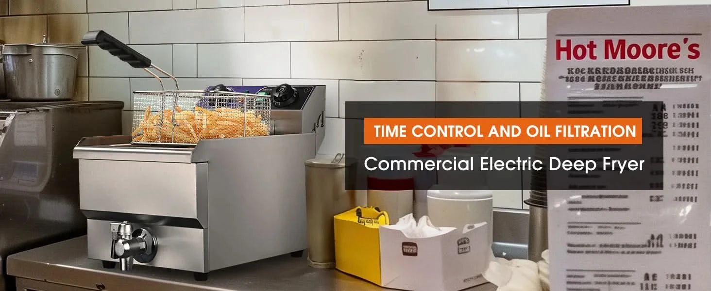 Commercial Electric Deep Fryer 11.7L 1500W Fryer w/Time Control and Oil Filtration Single Removable Basket Stainless Steel Count - M & M Global