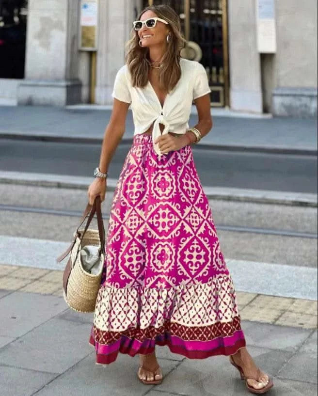 boho print maxi skirt women fashion high waist 3D printting long dress casual loose summer high waist skirts for women 2024 - M & M Global