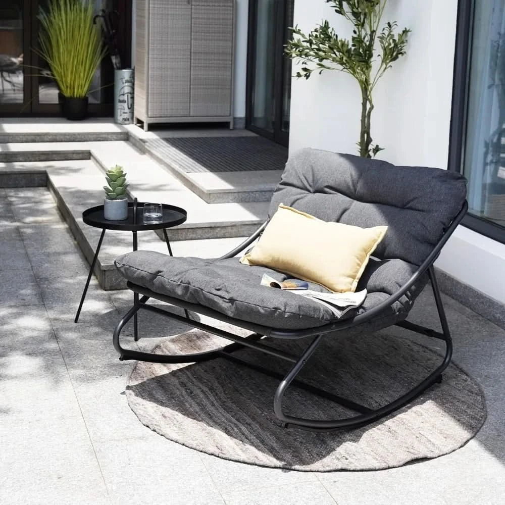 Outdoor Rocking Chair,E-Coated Modern Cozy Lounge Rocker Chair for Both Outdoor Indoor with Puffy Cushion, Patio Rocking Chair