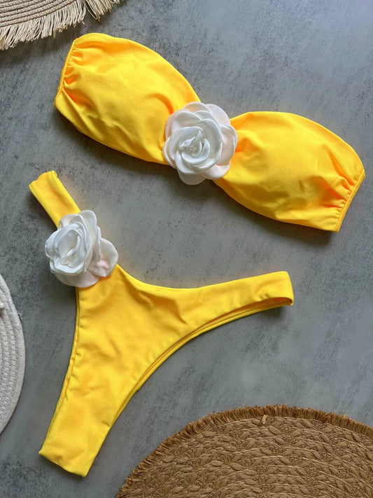 Sexy Flower Bandeau Swimwear Thong Bikini 2025 Women Lace-up Swimsuit Swimming Bathing Suit Brazilian Bikinis Sets Mujer Biquini - M & M Global
