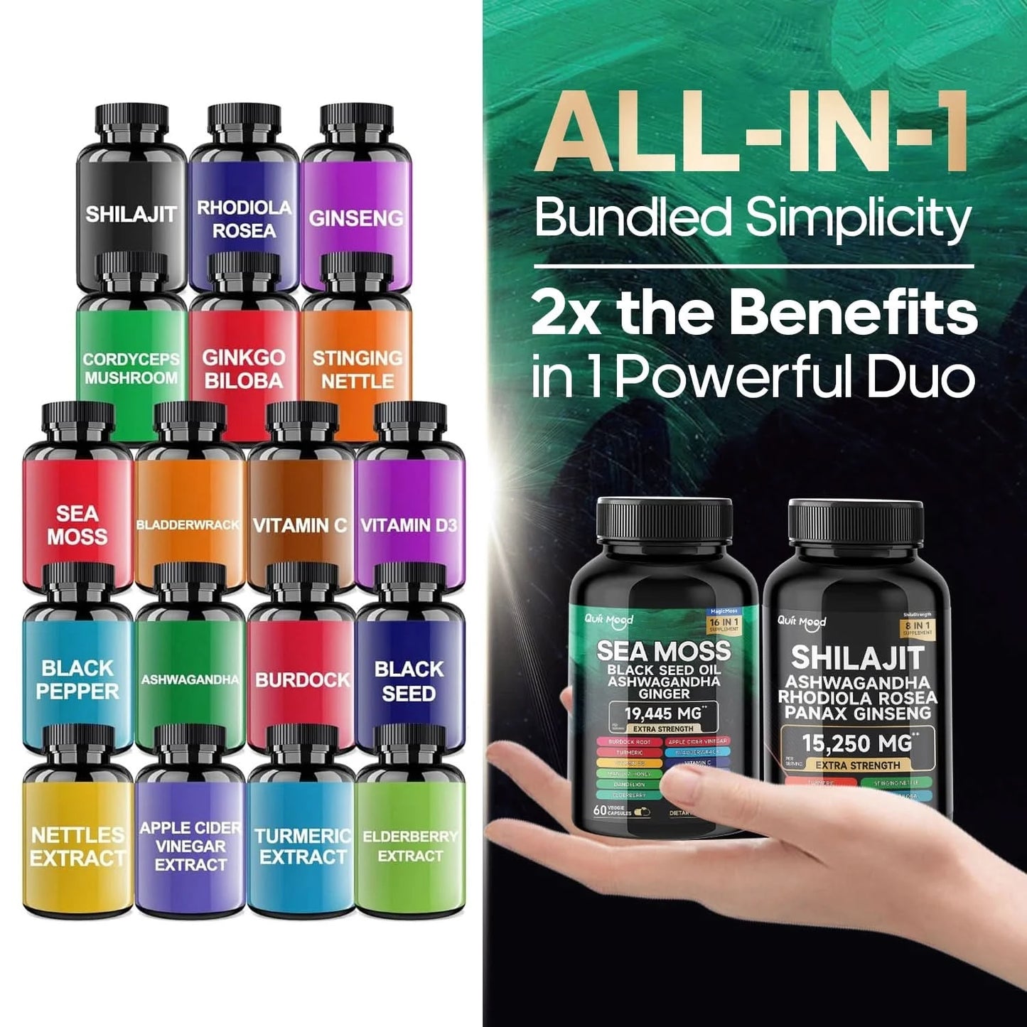 Sea Moss and shilajit Bundle 120 capsules, with Seamoss, Black Seed Oil, Ashwagandha, Ginger, Burdock Root, Turmeric, Black Pepp - M & M Global