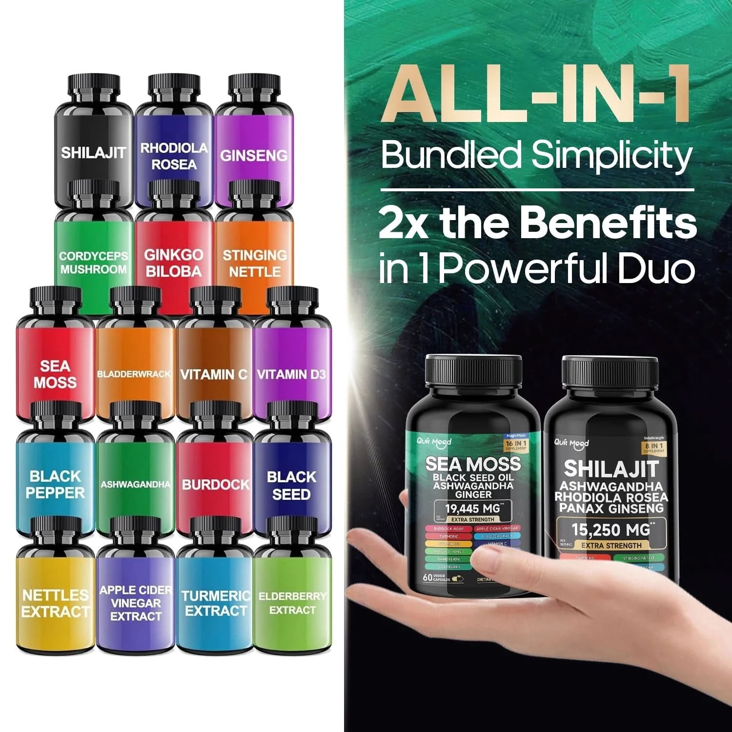 Sea Moss and shilajit Bundle 120 capsules, with Seamoss, Black Seed Oil, Ashwagandha, Ginger, Burdock Root, Turmeric, Black Pepp - M & M Global