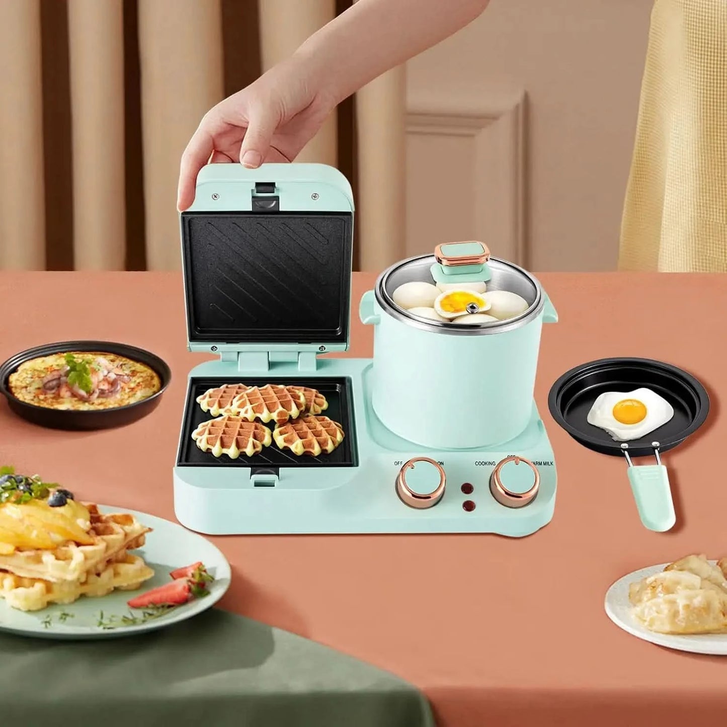 Breakfast Sandwich Maker w/Boiling Pot, 3 in 1 Breakfast Station, Retro Household Electric Mini Toaster Bread Sandwich Maker wit - M & M Global