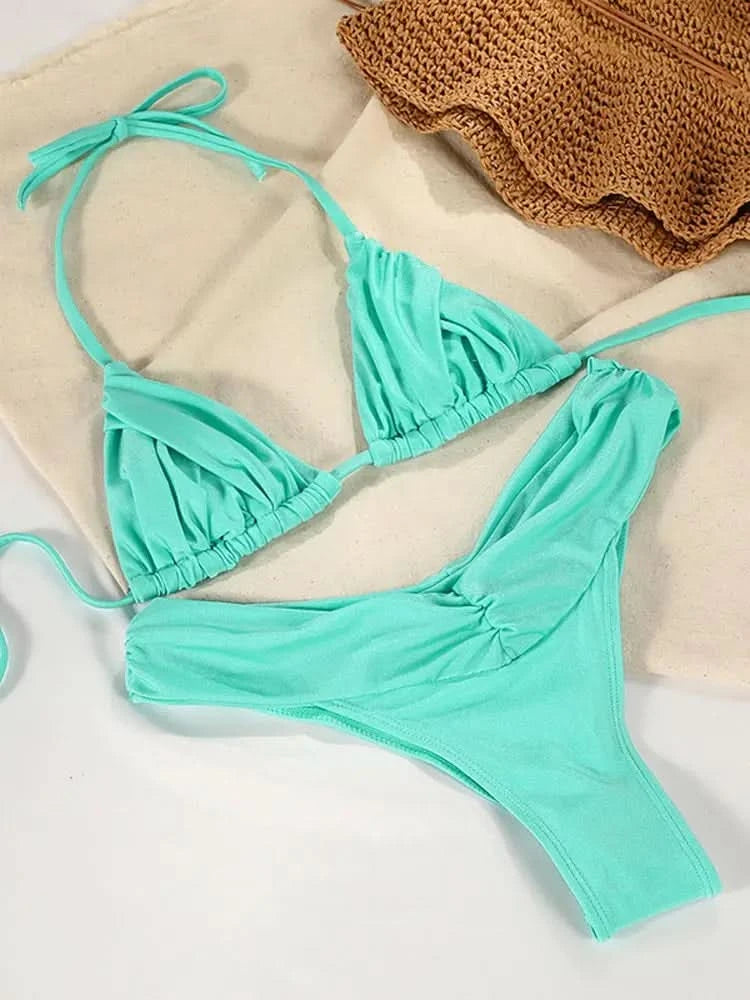 Summer 2025 Bikini Luxury Swimwear Women Biquini Folds Bikini Set Bathing Suit Women Swimsuit High Grade Champagne Bikinis Beach - M & M Global