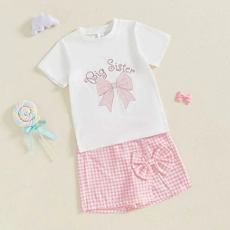 Adorable Toddler Girl Outfit with Bow Detail Short Sleeve Tee Plaid Skorts and Elastic Waistband - 2 Piece Summer Set - M & M Global