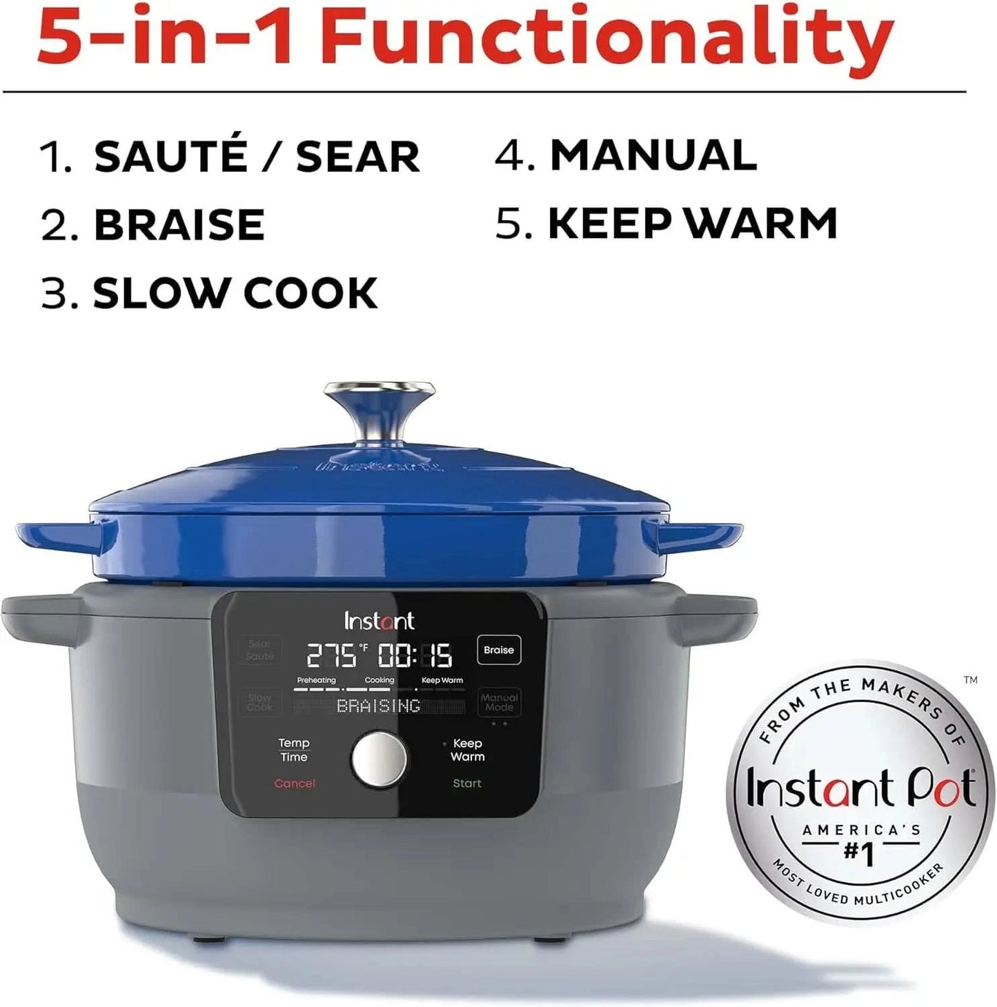Instant Electric Round Dutch Oven, 6-Quart 1500W, From the Makers of , 5-in-1: Braise, Slow Cook, Sear/Sauté, Cooking Pan, Food - M & M Global