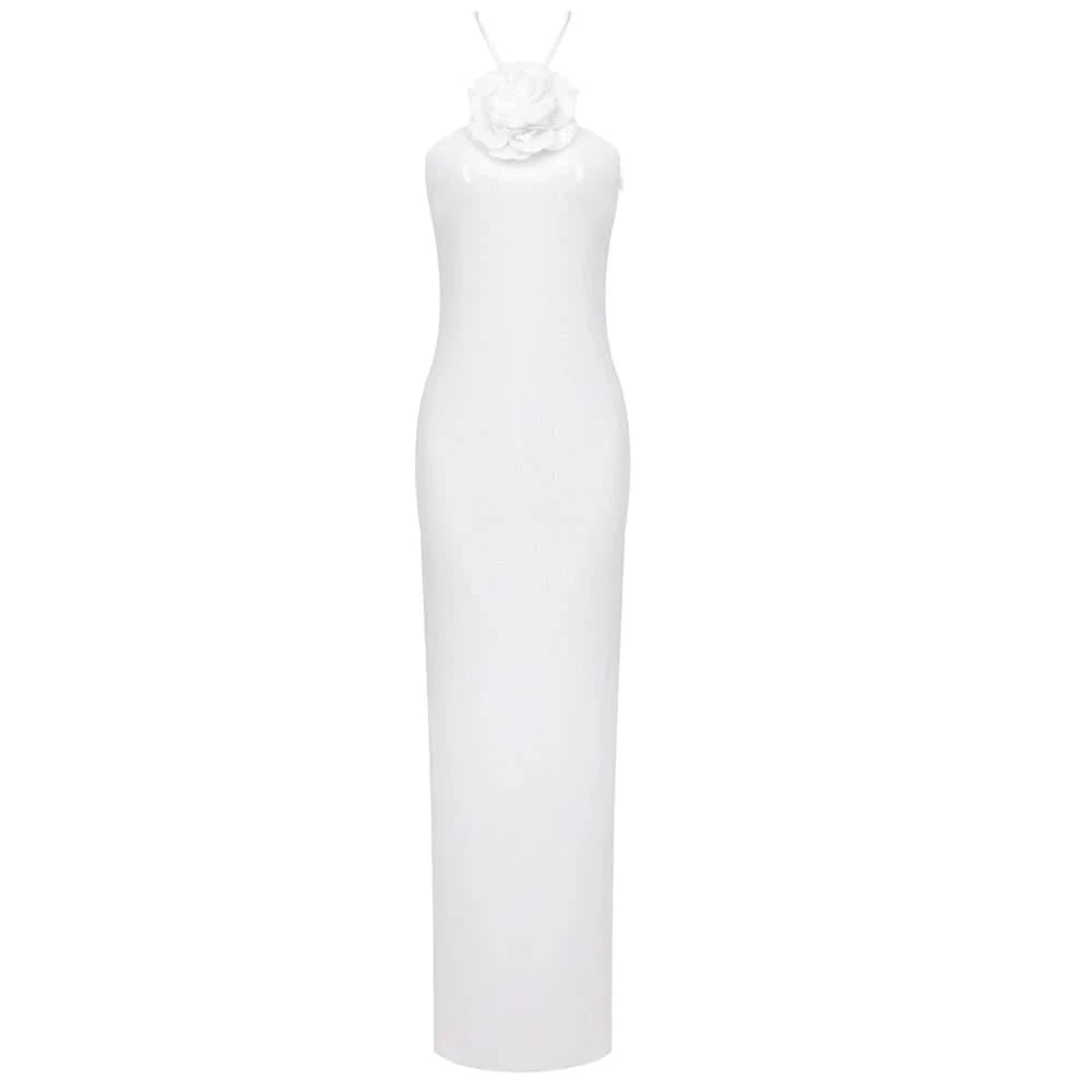VC Women Elegant 3D Flowers Halter Backless Sexy Club Sequin Bodycon Prom Long Dress Party Festival Split Dress - M & M Global
