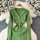 2024 Green Fashion Autumn Winter Knitted Long Dress French Style Letter Buttons Elegant Sweater Dress Lady Office Bodycon - M & M Global