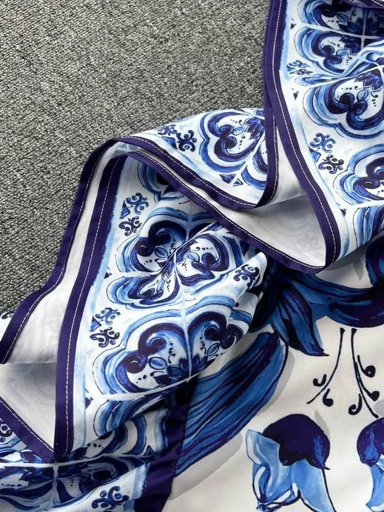 Summer Long Dress Women Runway Blue And White Porcelain Asymmetry Sexy Off The Shoulder Ruffles Hem Loose Robe Maxi Vestidos - M & M Global