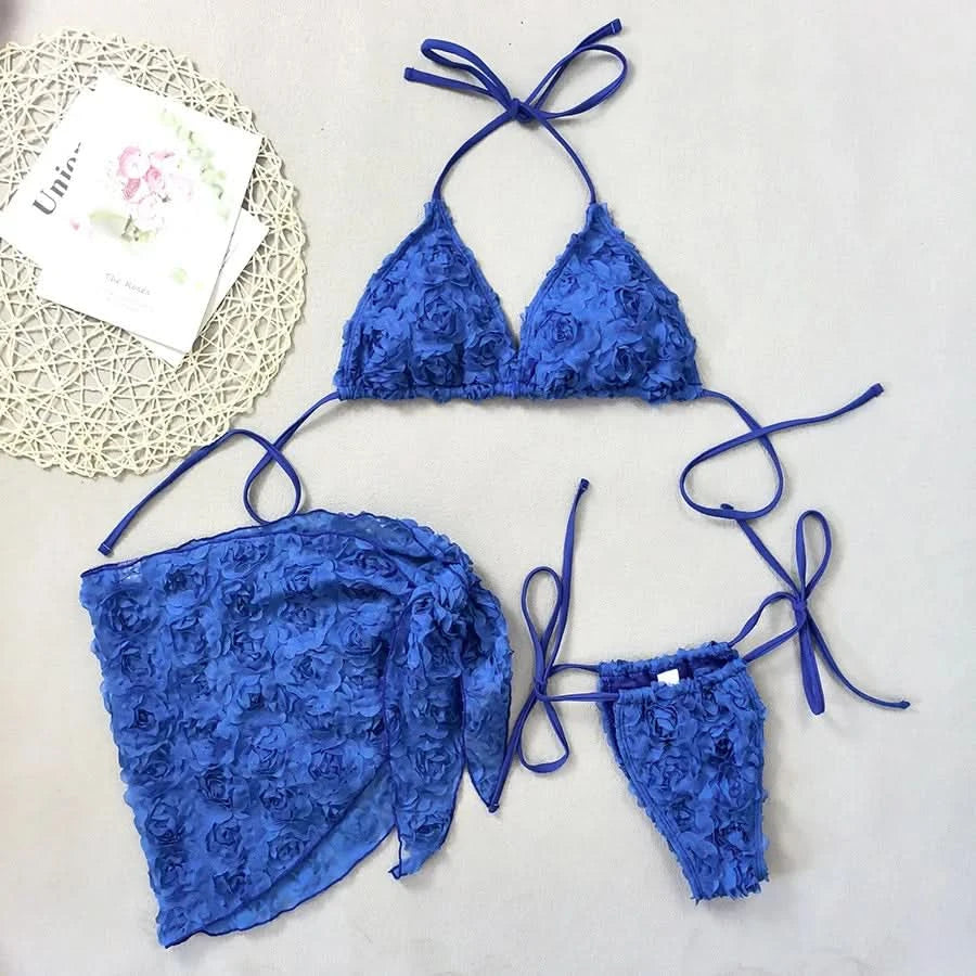 Women's Sexy 3 Piece Bikini Set 3D Flower Beach Skirt Swimsuit Pure Pink Triangle Halter Backless Thong Swimwear 2025 Summer New - M & M Global