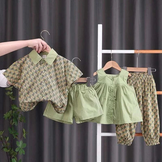 2023 Summer Brother Sister Outfits Boy Kid Flower Casual Shirt+Shorts 2pcs Girl Flower set - M & M Global