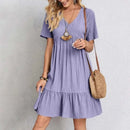 2025 Loose V-neck Short Sleeved Pleated Women Dress Solid Color A-line Beach Dresses Elegant Simple Comfortable Woman Clothing - M & M Global