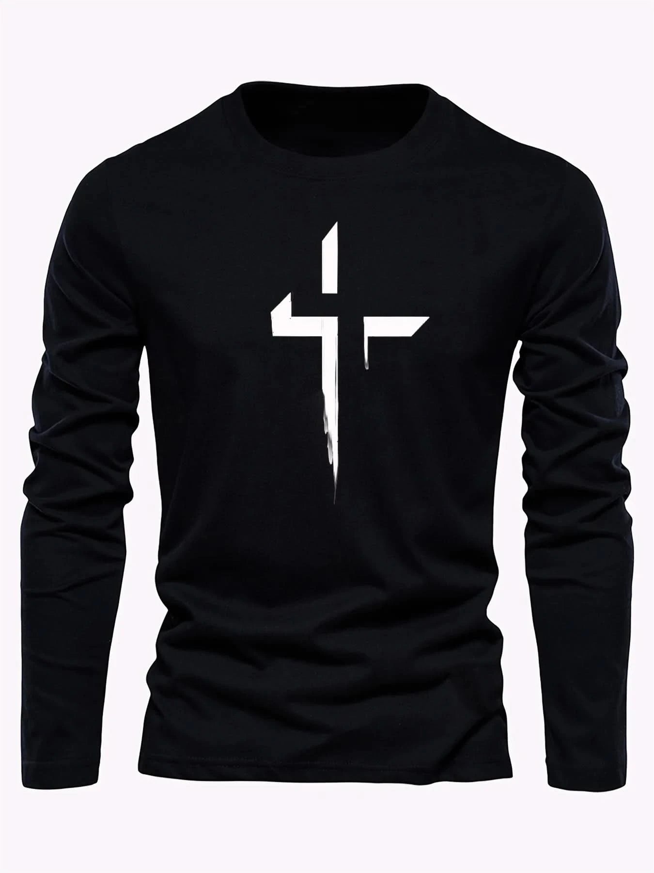Men's 100% pure cotton loose fit plus size comfortable casual sports cross print round neck long sleeved T-shirt top - M & M Global