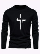 Men's 100% pure cotton loose fit plus size comfortable casual sports cross print round neck long sleeved T-shirt top - M & M Global