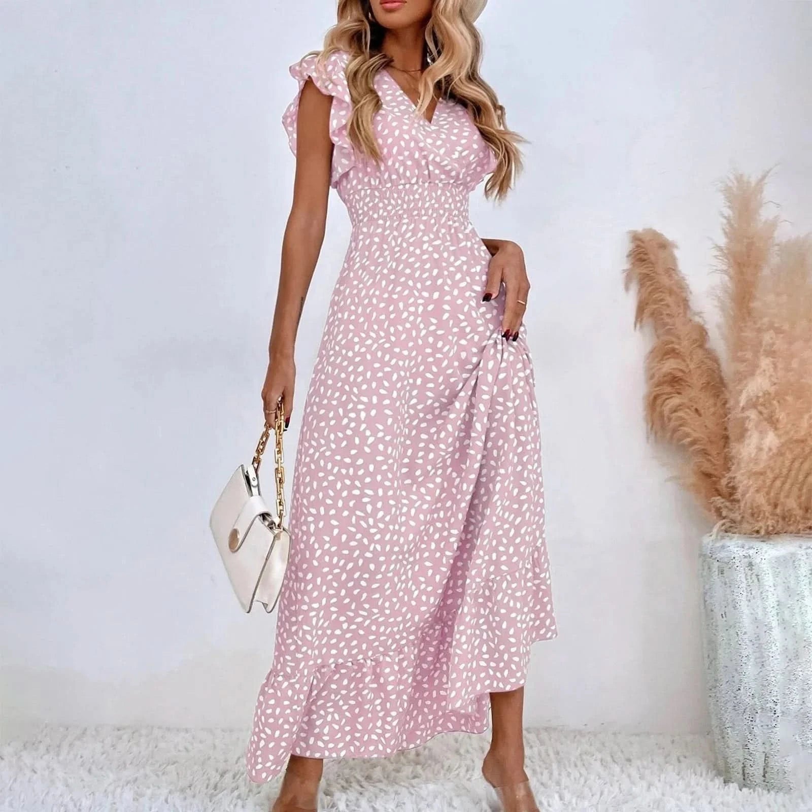 Polka Dot Dress For Women Sexy V-Neck Long Dress Casual And Fashionable Ruffle Edge Short Sleeved High Waisted Dress - M & M Global